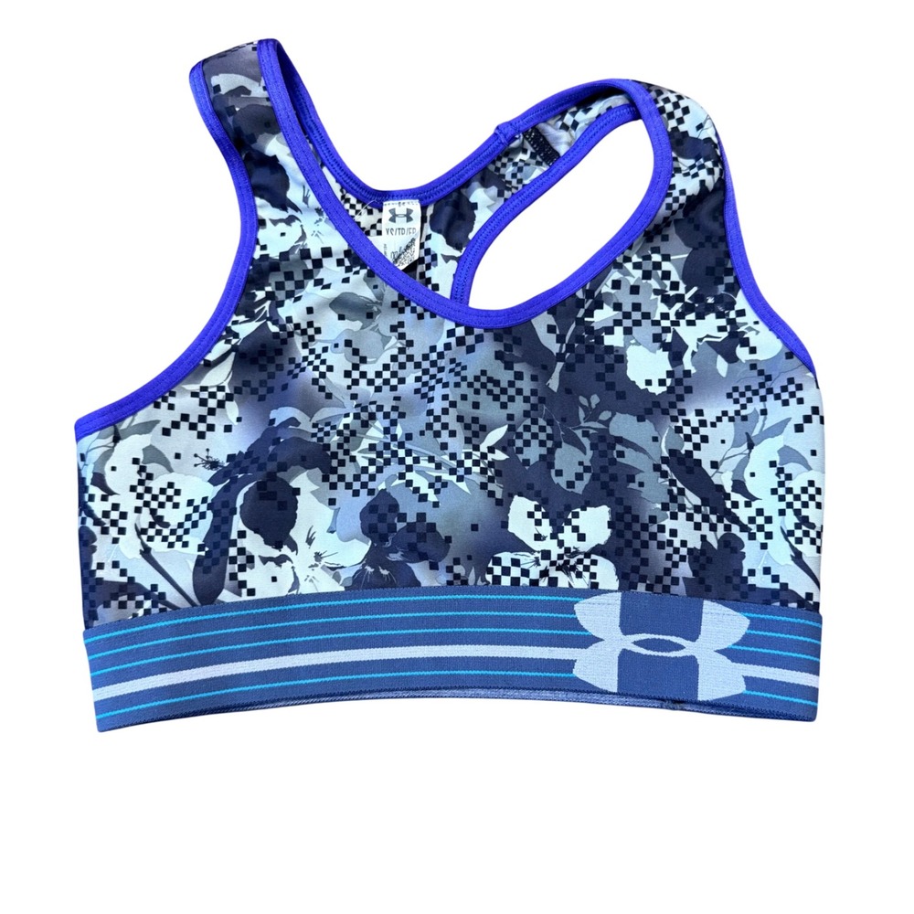 Under Armour HeatGear Compression Sports Bra Blue Floral Checkered XS Activewear